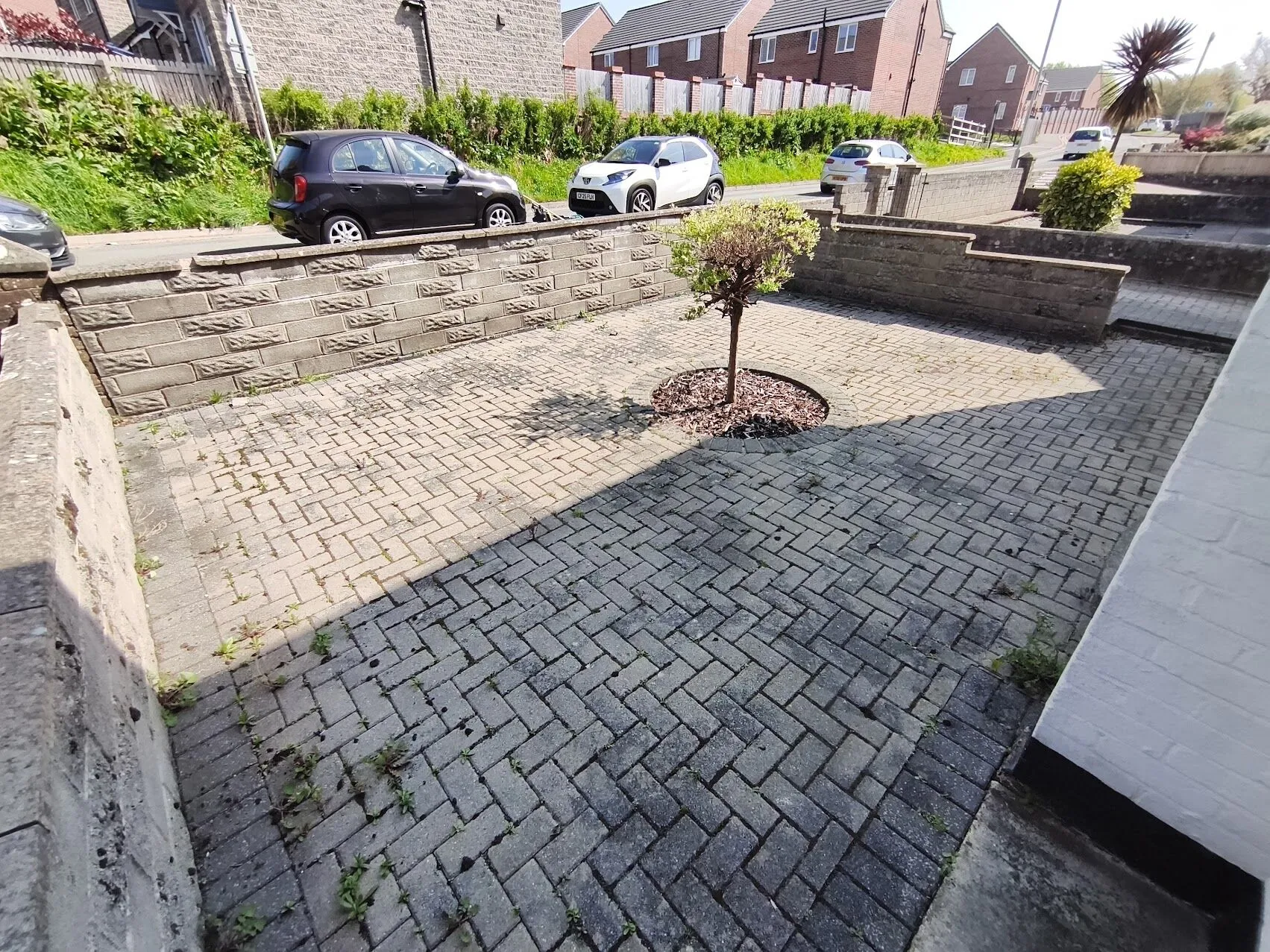 Before driveway cleaning: dark staining and surface buildup